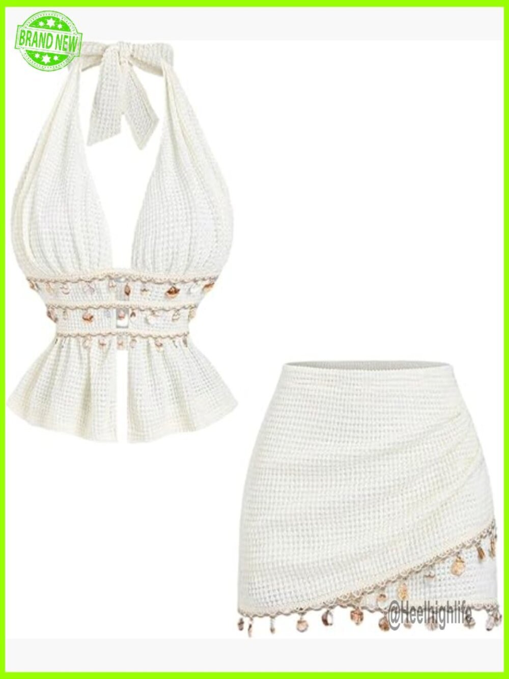 Medium Polyester Blend Crochet Halter Top and Skirt Matching Set